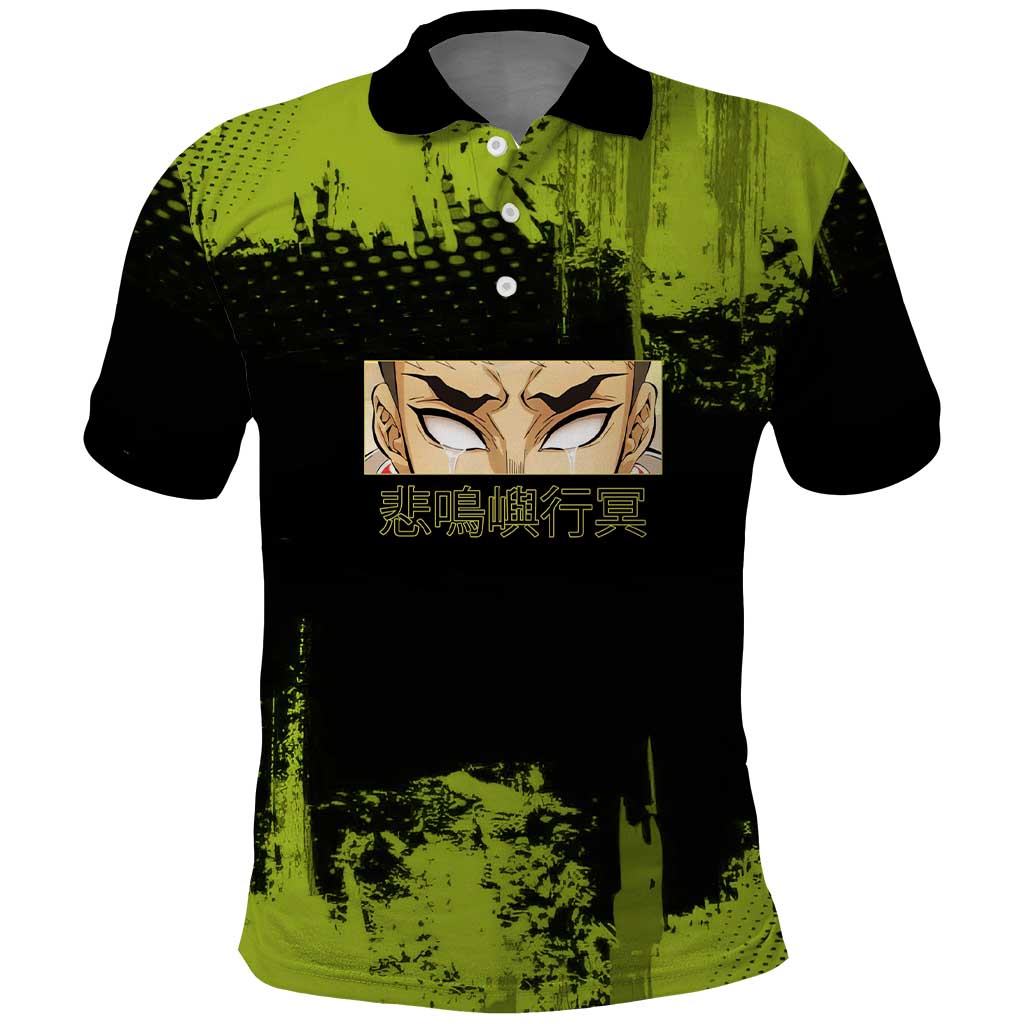 Gyomei Himejima Demon Slayer Bold Green Theme Polo Shirt with Prayer Pose and Intense Expression Design - The Mazicc