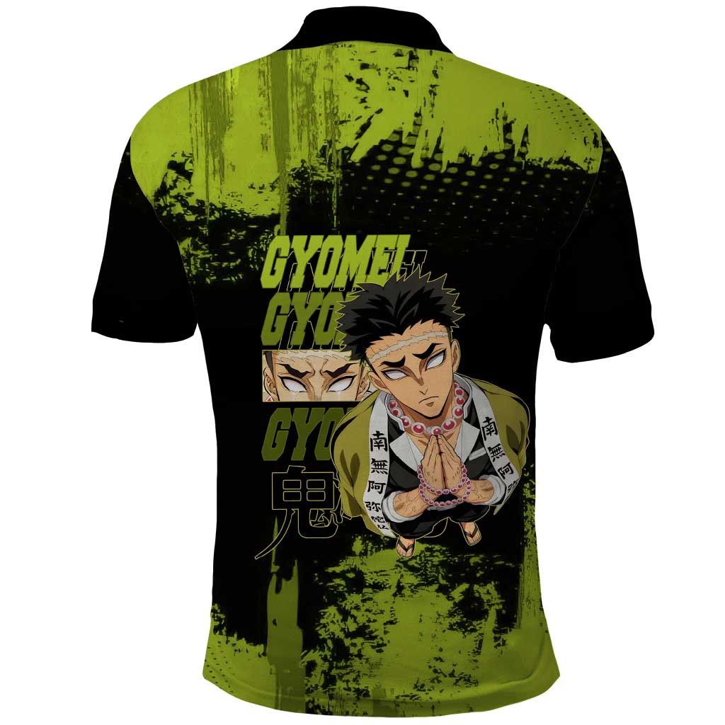 Gyomei Himejima Demon Slayer Bold Green Theme Polo Shirt with Prayer Pose and Intense Expression Design - The Mazicc