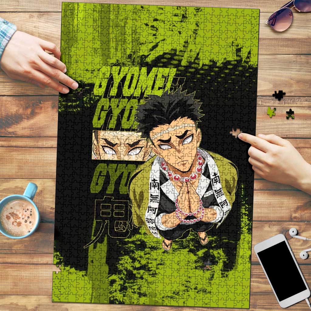 Gyomei Himejima Demon Slayer Bold Green Theme Puzzle with Prayer Pose and Intense Expression Design - The Mazicc
