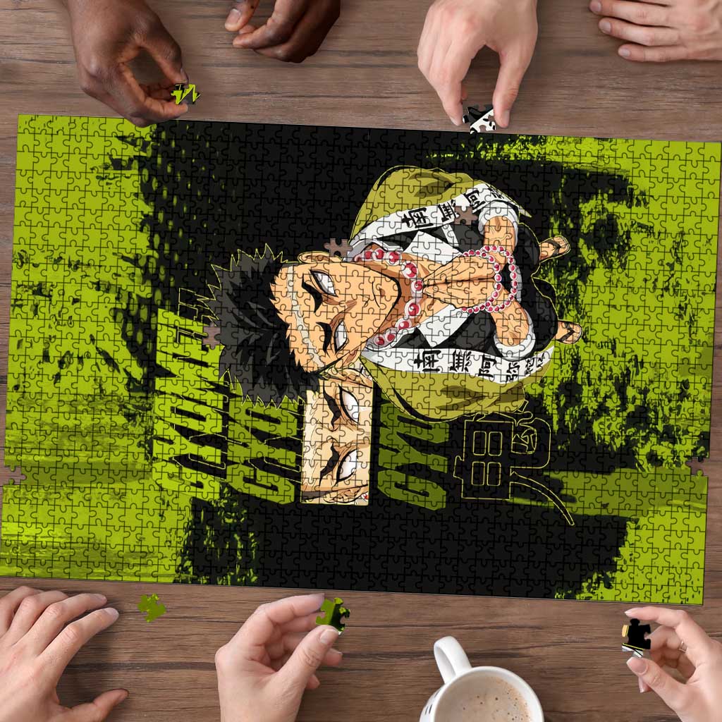 Gyomei Himejima Demon Slayer Bold Green Theme Puzzle with Prayer Pose and Intense Expression Design - The Mazicc