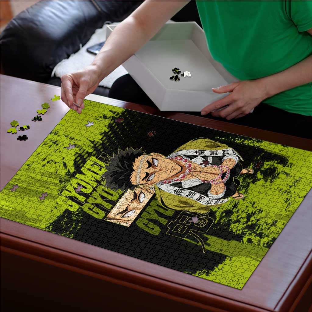 Gyomei Himejima Demon Slayer Bold Green Theme Puzzle with Prayer Pose and Intense Expression Design - The Mazicc