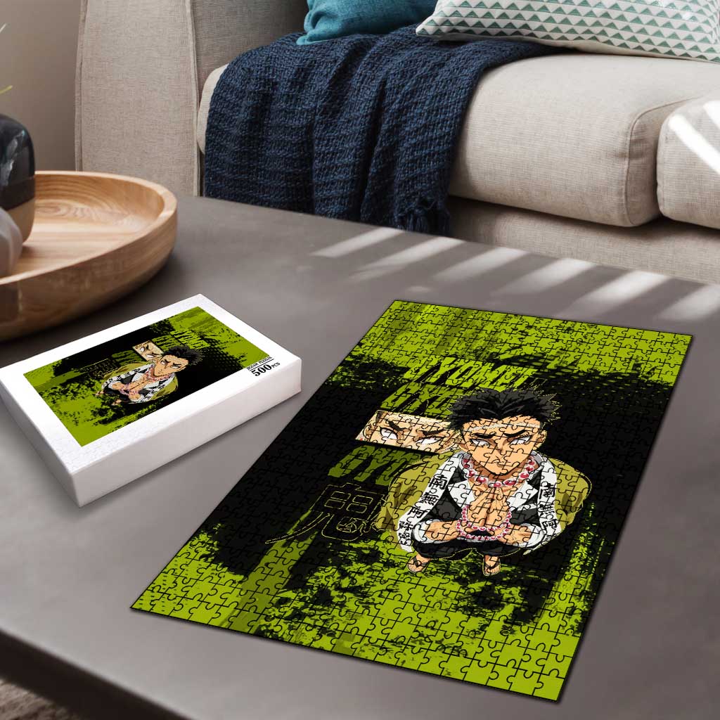 Gyomei Himejima Demon Slayer Bold Green Theme Puzzle with Prayer Pose and Intense Expression Design - The Mazicc