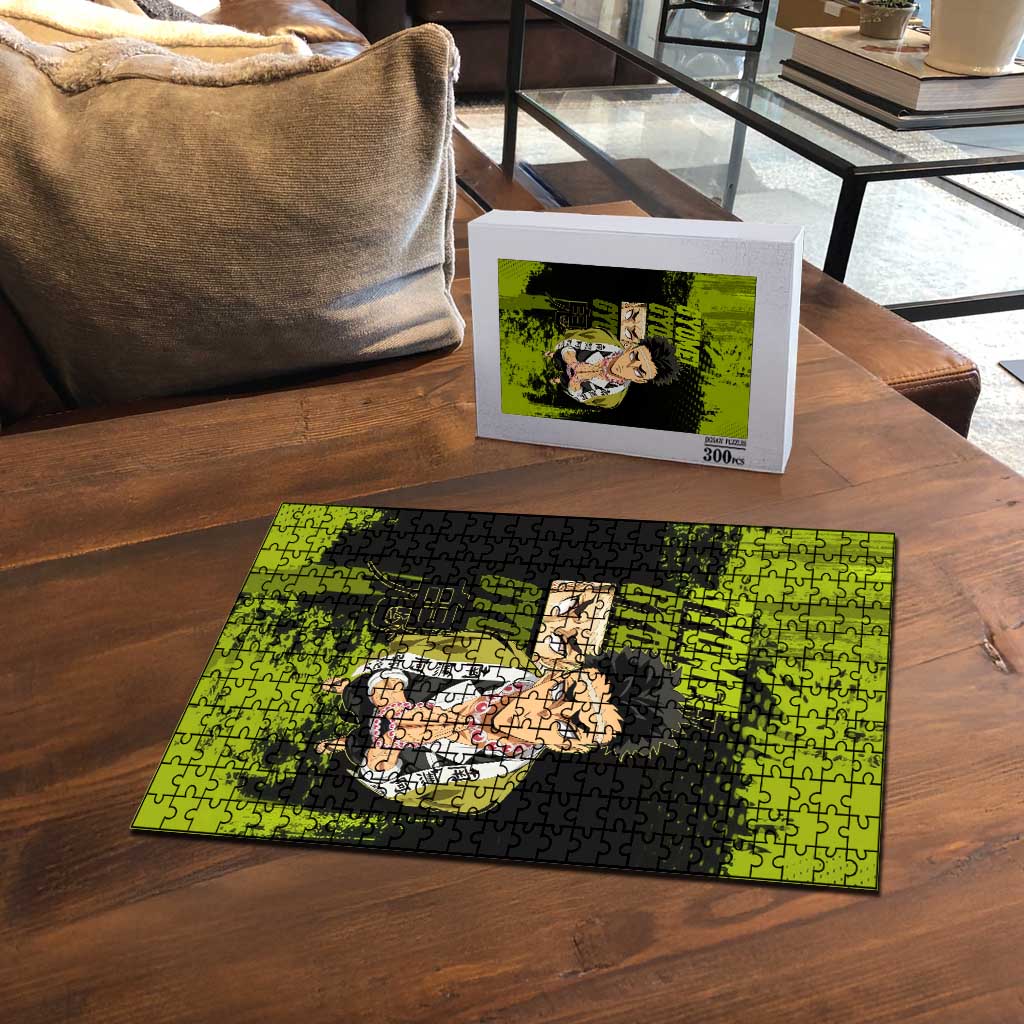 Gyomei Himejima Demon Slayer Bold Green Theme Puzzle with Prayer Pose and Intense Expression Design - The Mazicc