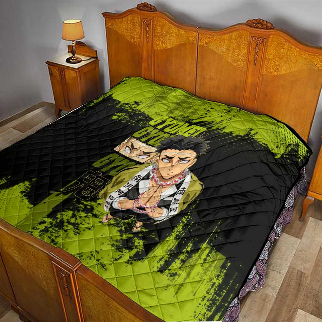 Gyomei Himejima Demon Slayer Bold Green Theme Quilt with Prayer Pose and Intense Expression Design - The Mazicc