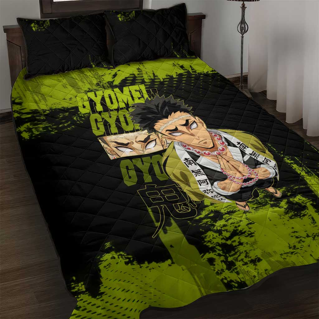 Gyomei Himejima Demon Slayer Bold Green Theme Quilt Bed Set with Prayer Pose and Intense Expression Design - The Mazicc