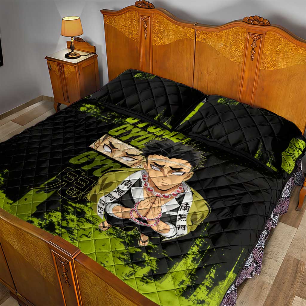 Gyomei Himejima Demon Slayer Bold Green Theme Quilt Bed Set with Prayer Pose and Intense Expression Design - The Mazicc