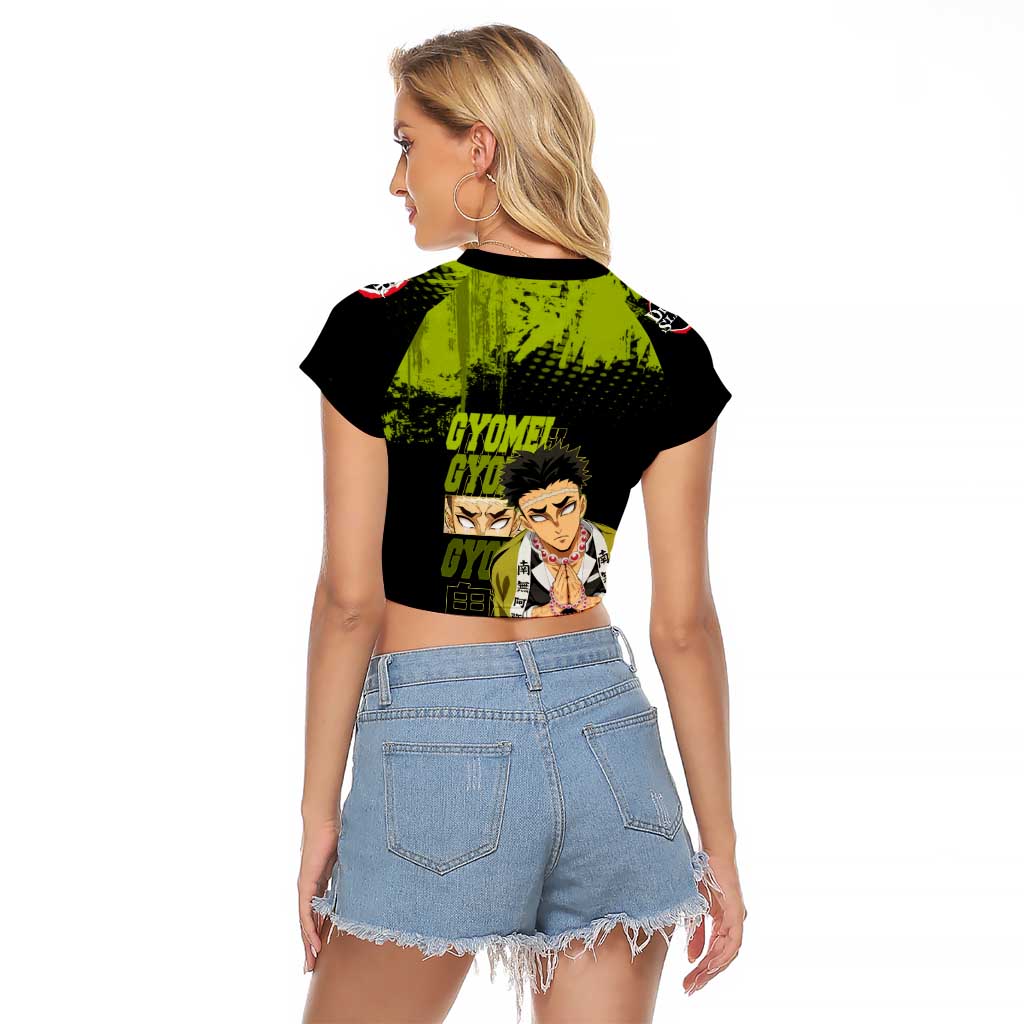 Gyomei Himejima Demon Slayer Bold Green Theme Raglan Cropped T Shirt with Prayer Pose and Intense Expression Design - The Mazicc