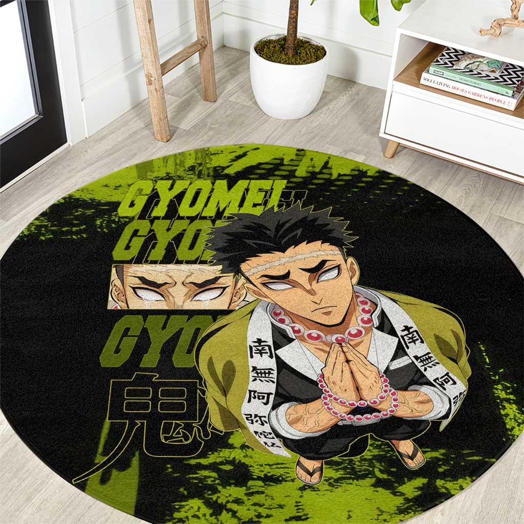 Gyomei Himejima Demon Slayer Bold Green Theme Round Carpet with Prayer Pose and Intense Expression Design - The Mazicc