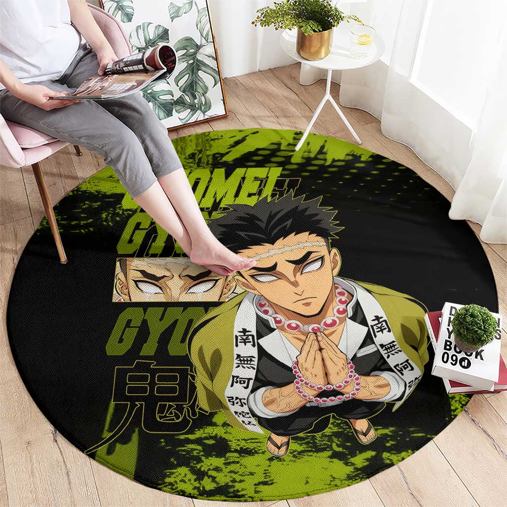 Gyomei Himejima Demon Slayer Bold Green Theme Round Carpet with Prayer Pose and Intense Expression Design - The Mazicc
