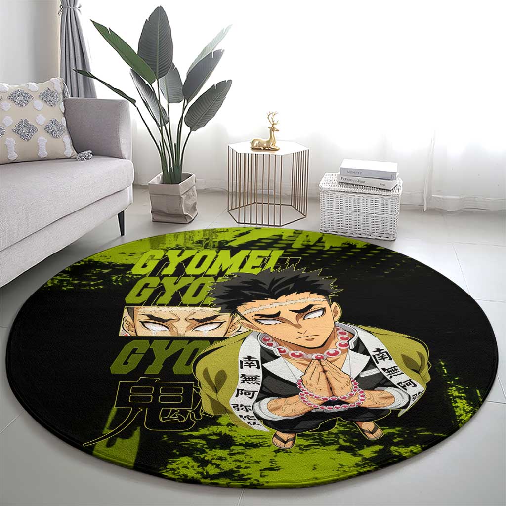 Gyomei Himejima Demon Slayer Bold Green Theme Round Carpet with Prayer Pose and Intense Expression Design - The Mazicc