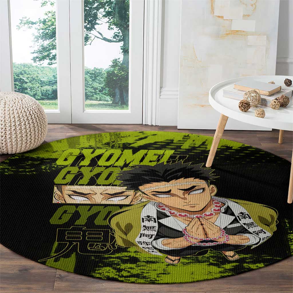 Gyomei Himejima Demon Slayer Bold Green Theme Round Carpet with Prayer Pose and Intense Expression Design - The Mazicc