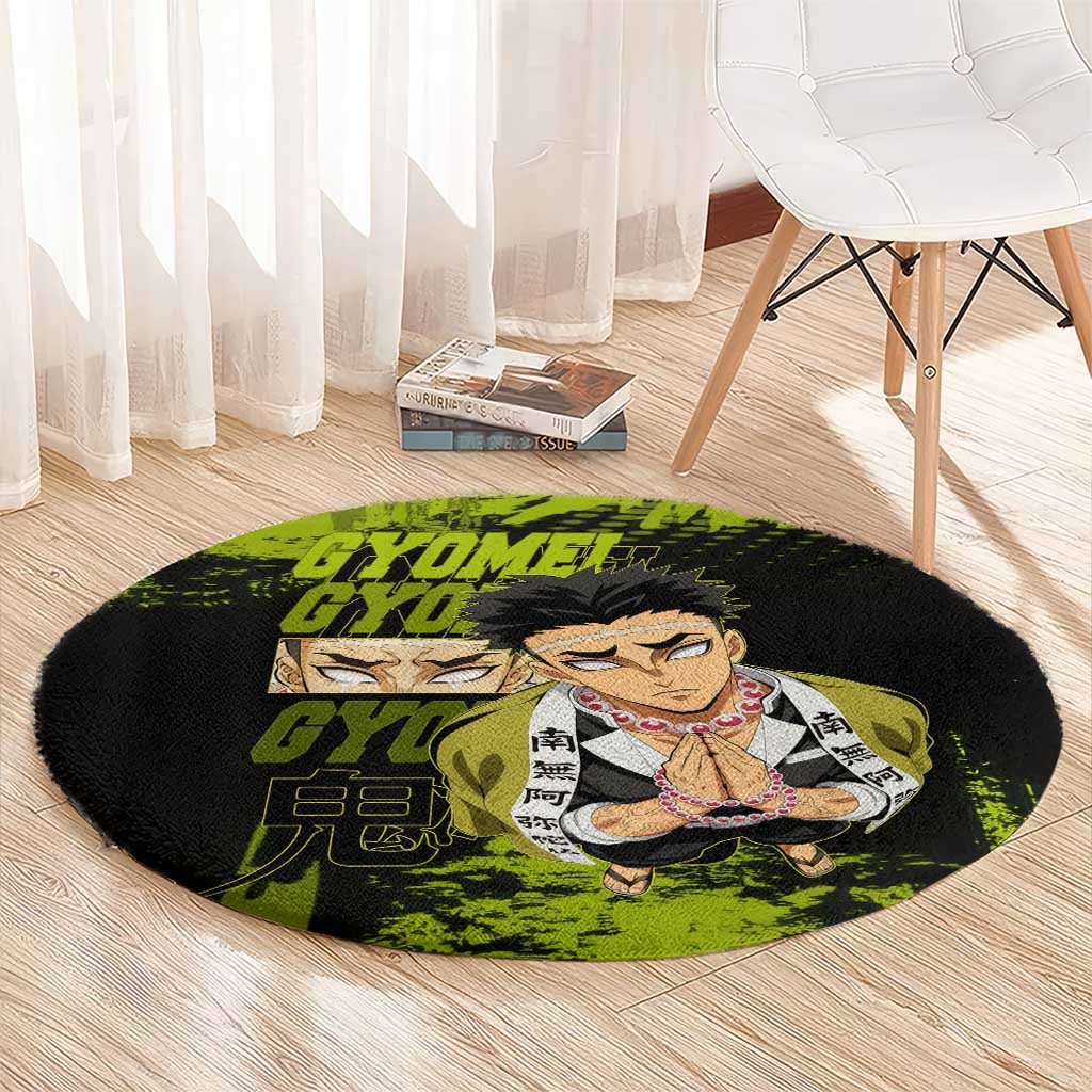 Gyomei Himejima Demon Slayer Bold Green Theme Round Carpet with Prayer Pose and Intense Expression Design - The Mazicc