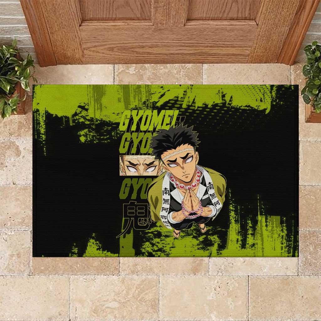 Gyomei Himejima Demon Slayer Bold Green Theme Rubber Doormat with Prayer Pose and Intense Expression Design - The Mazicc