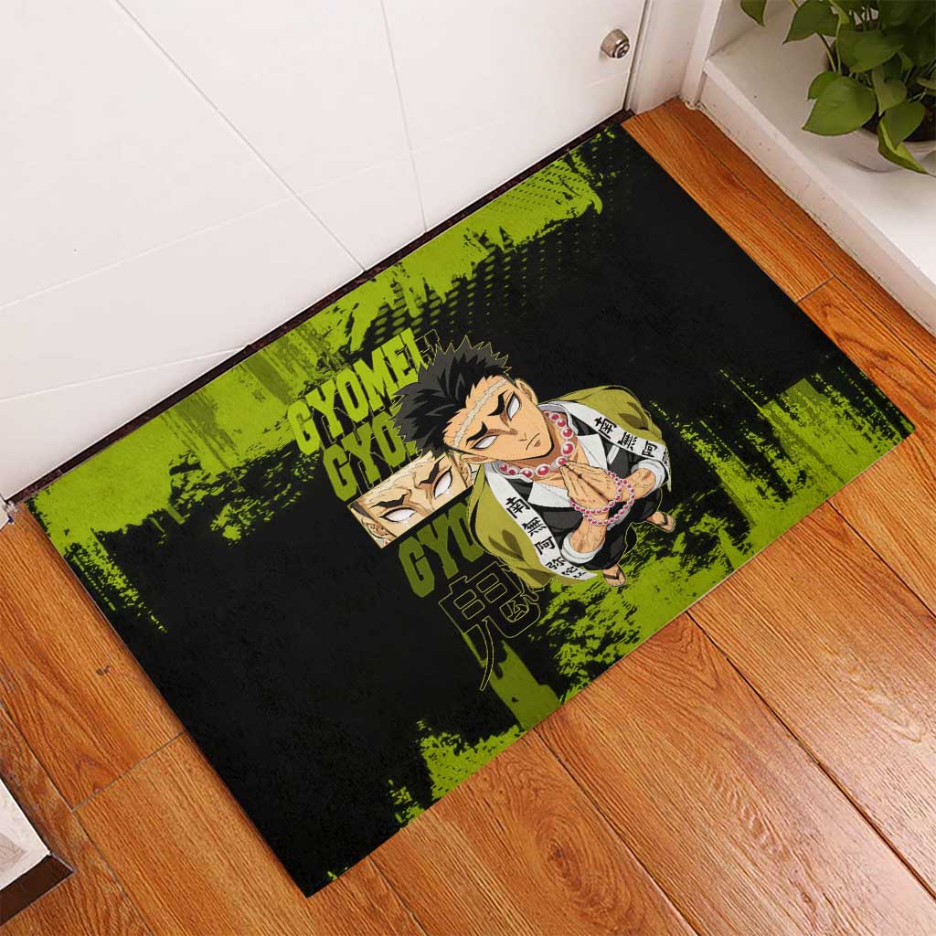 Gyomei Himejima Demon Slayer Bold Green Theme Rubber Doormat with Prayer Pose and Intense Expression Design - The Mazicc