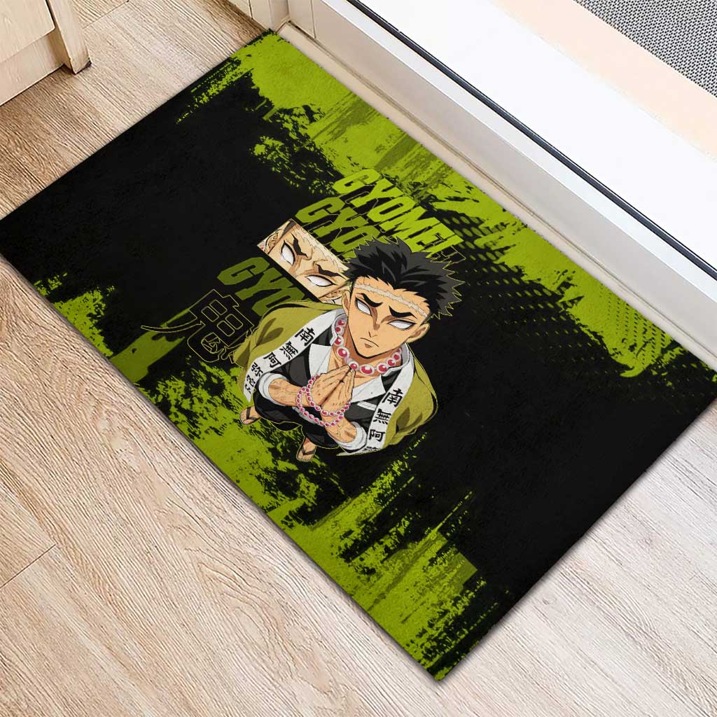 Gyomei Himejima Demon Slayer Bold Green Theme Rubber Doormat with Prayer Pose and Intense Expression Design - The Mazicc
