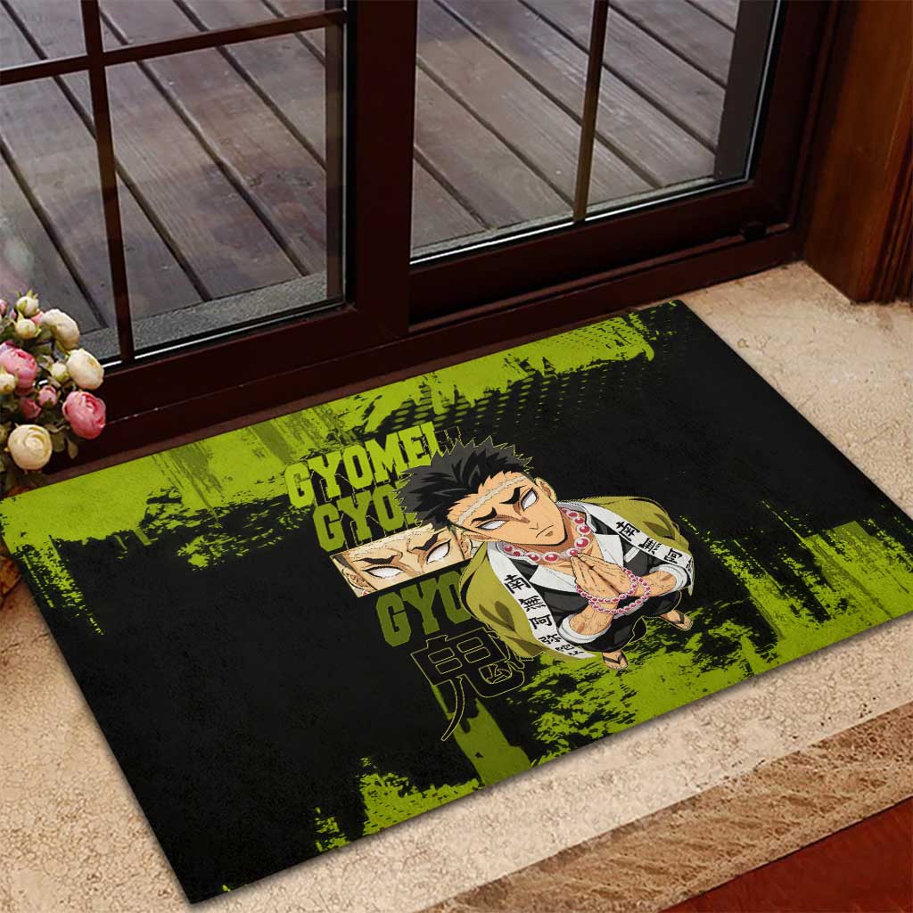 Gyomei Himejima Demon Slayer Bold Green Theme Rubber Doormat with Prayer Pose and Intense Expression Design - The Mazicc
