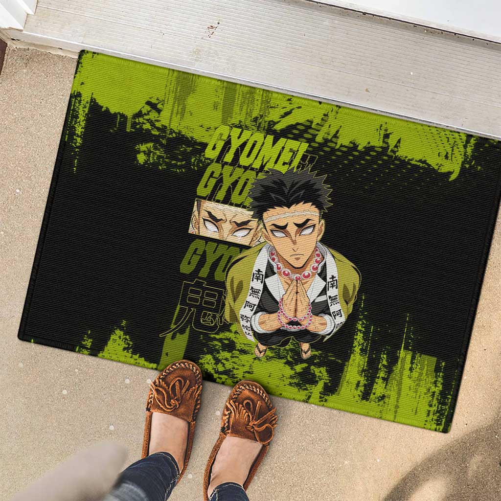 Gyomei Himejima Demon Slayer Bold Green Theme Rubber Doormat with Prayer Pose and Intense Expression Design - The Mazicc