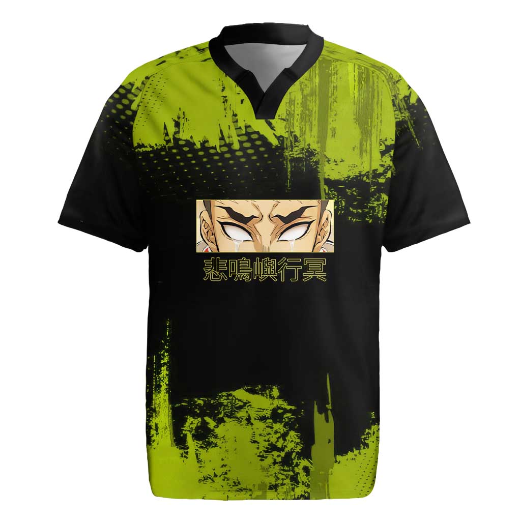 Gyomei Himejima Demon Slayer Bold Green Theme Rugby Jersey with Prayer Pose and Intense Expression Design - The Mazicc