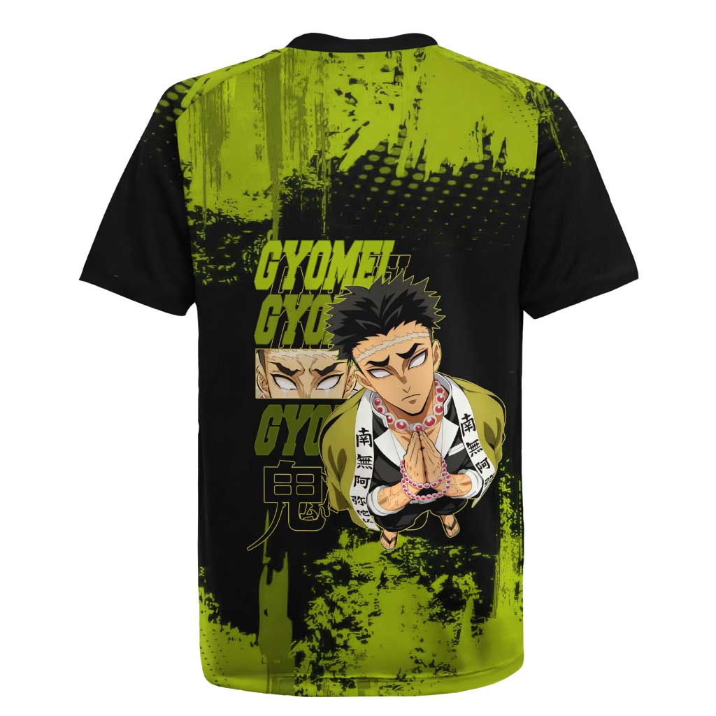 Gyomei Himejima Demon Slayer Bold Green Theme Rugby Jersey with Prayer Pose and Intense Expression Design - The Mazicc