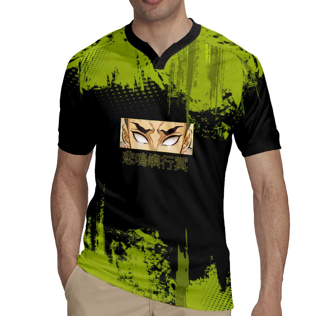Gyomei Himejima Demon Slayer Bold Green Theme Rugby Jersey with Prayer Pose and Intense Expression Design - The Mazicc