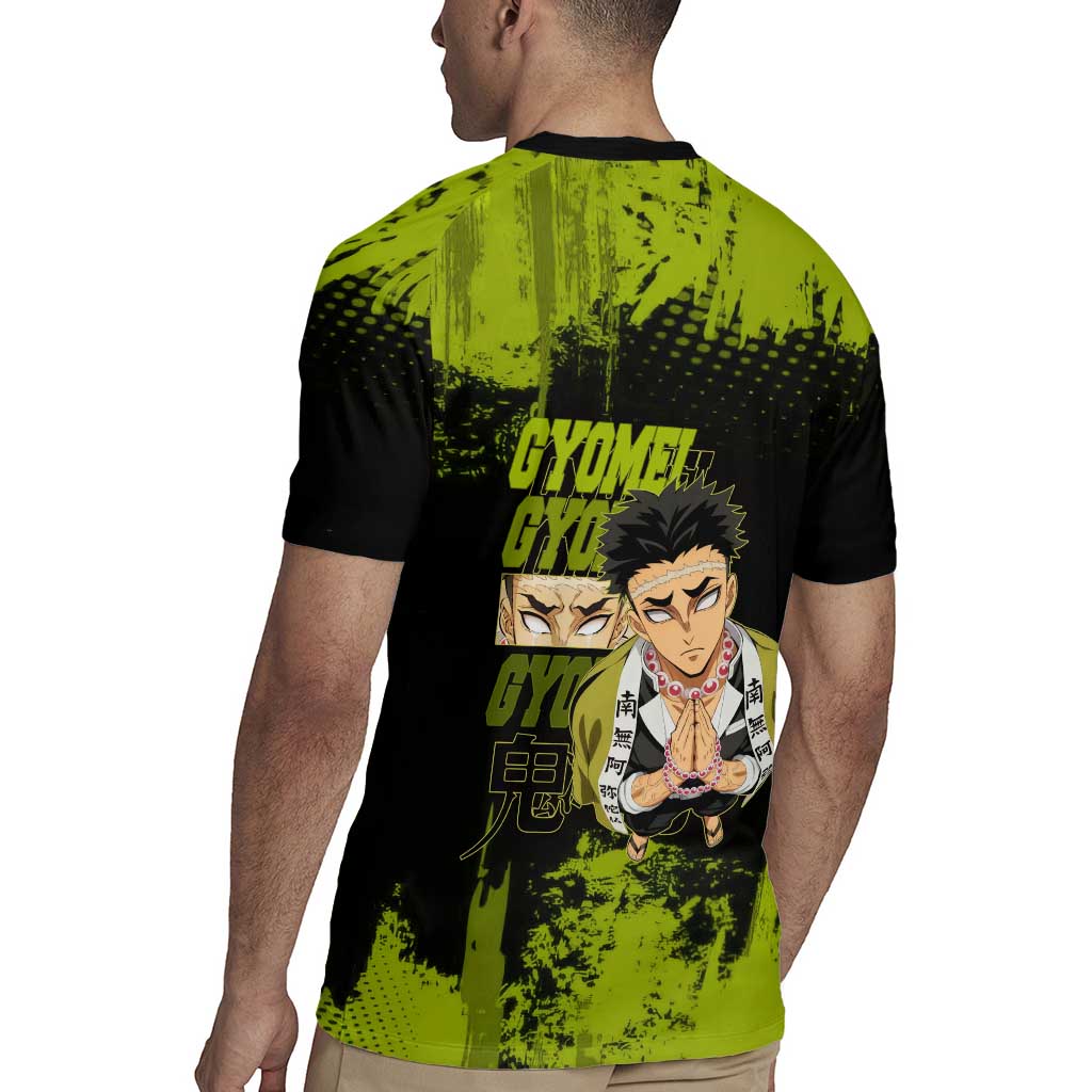 Gyomei Himejima Demon Slayer Bold Green Theme Rugby Jersey with Prayer Pose and Intense Expression Design - The Mazicc