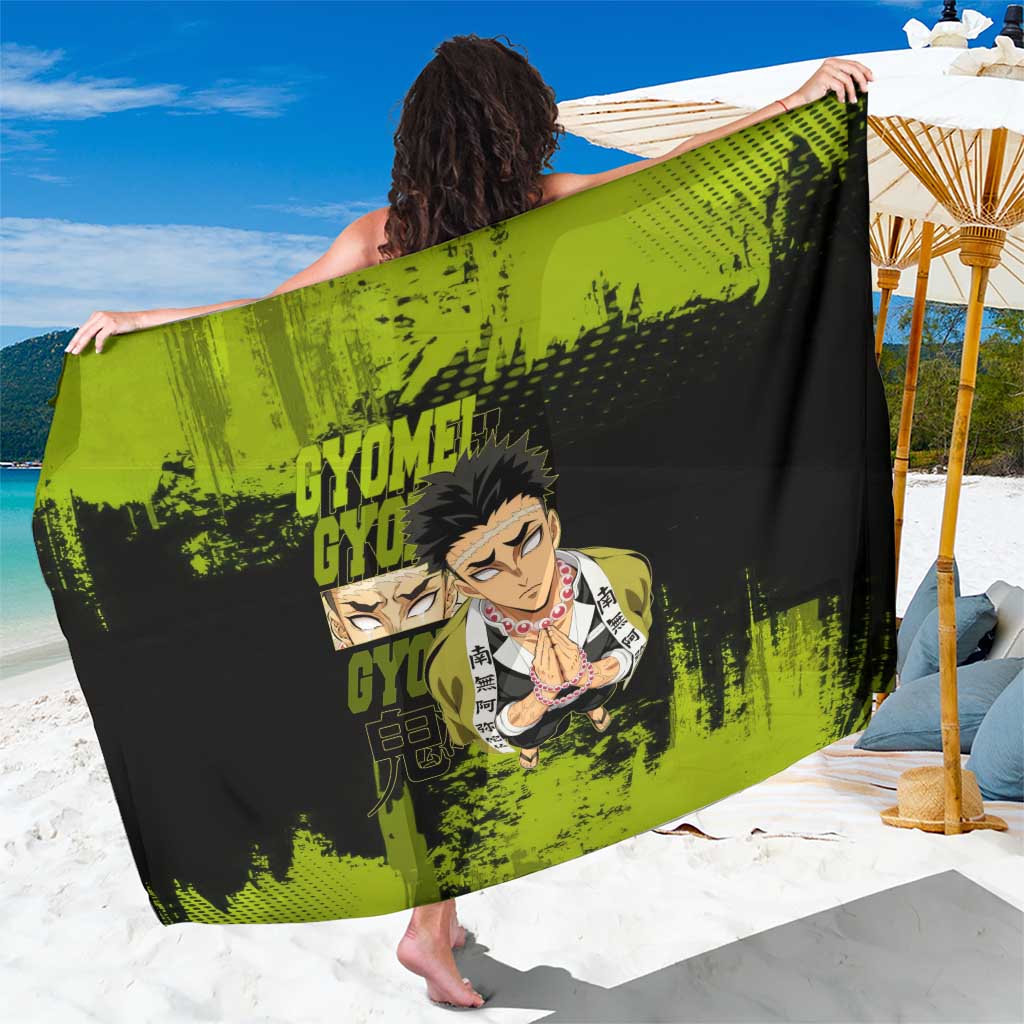 Gyomei Himejima Demon Slayer Bold Green Theme Sarong with Prayer Pose and Intense Expression Design - The Mazicc