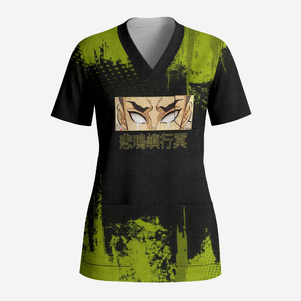 Gyomei Himejima Demon Slayer Bold Green Theme Scrub Top with Prayer Pose and Intense Expression Design - The Mazicc