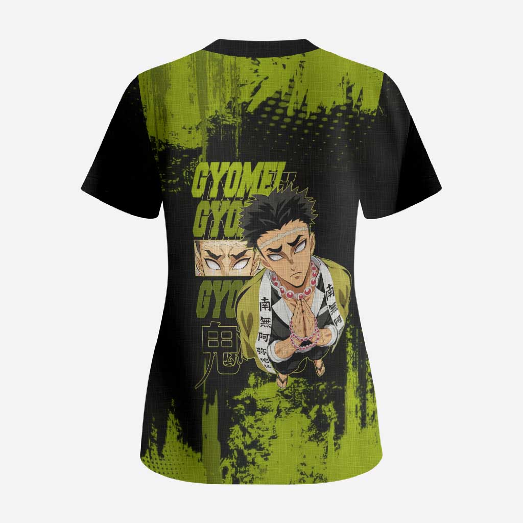 Gyomei Himejima Demon Slayer Bold Green Theme Scrub Top with Prayer Pose and Intense Expression Design - The Mazicc