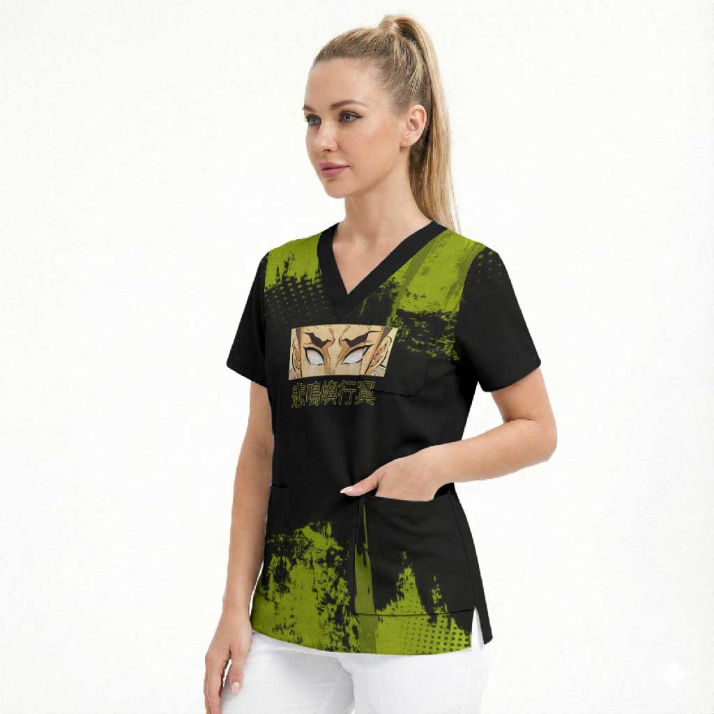 Gyomei Himejima Demon Slayer Bold Green Theme Scrub Top with Prayer Pose and Intense Expression Design - The Mazicc