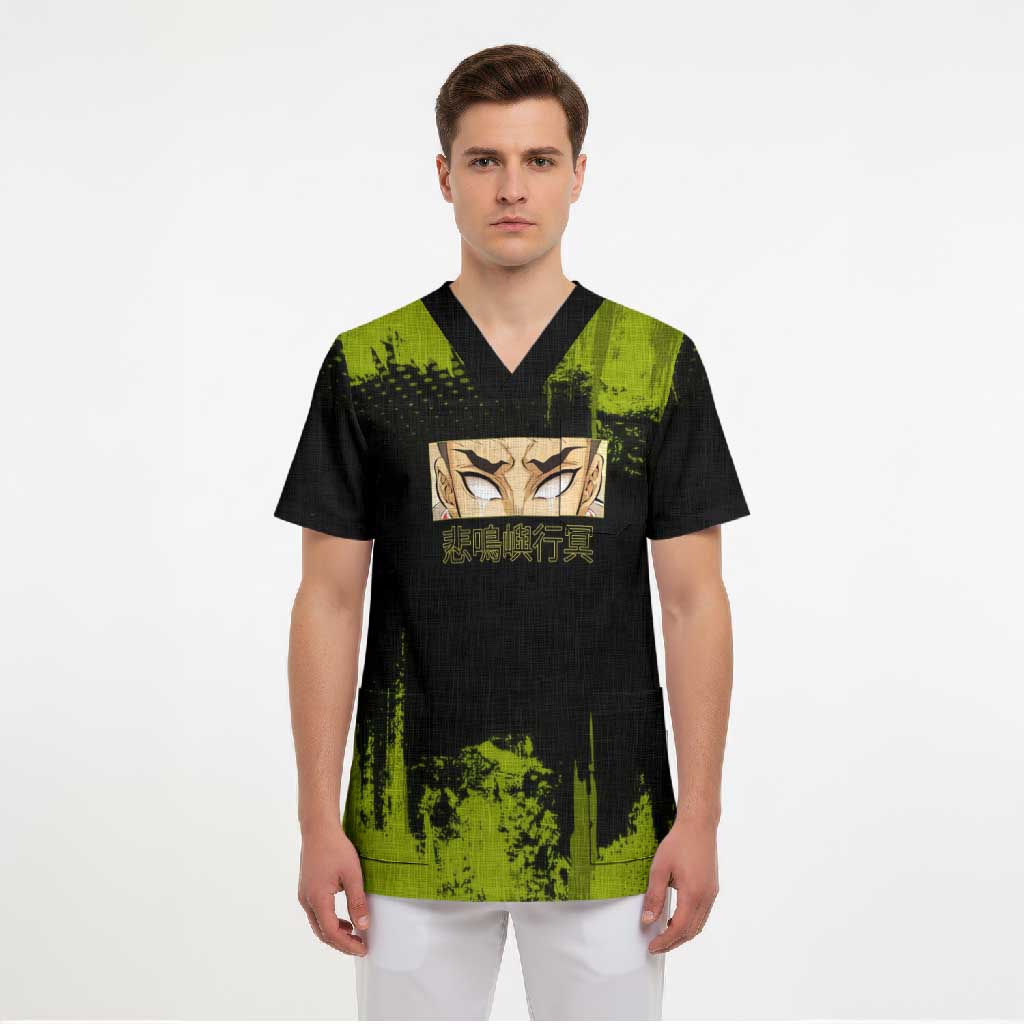 Gyomei Himejima Demon Slayer Bold Green Theme Scrub Top with Prayer Pose and Intense Expression Design - The Mazicc