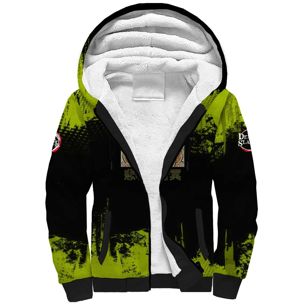 Gyomei Himejima Demon Slayer Bold Green Theme Sherpa Hoodie with Prayer Pose and Intense Expression Design - The Mazicc
