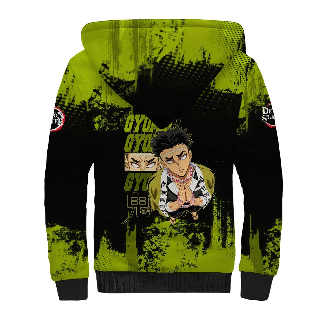 Gyomei Himejima Demon Slayer Bold Green Theme Sherpa Hoodie with Prayer Pose and Intense Expression Design - The Mazicc
