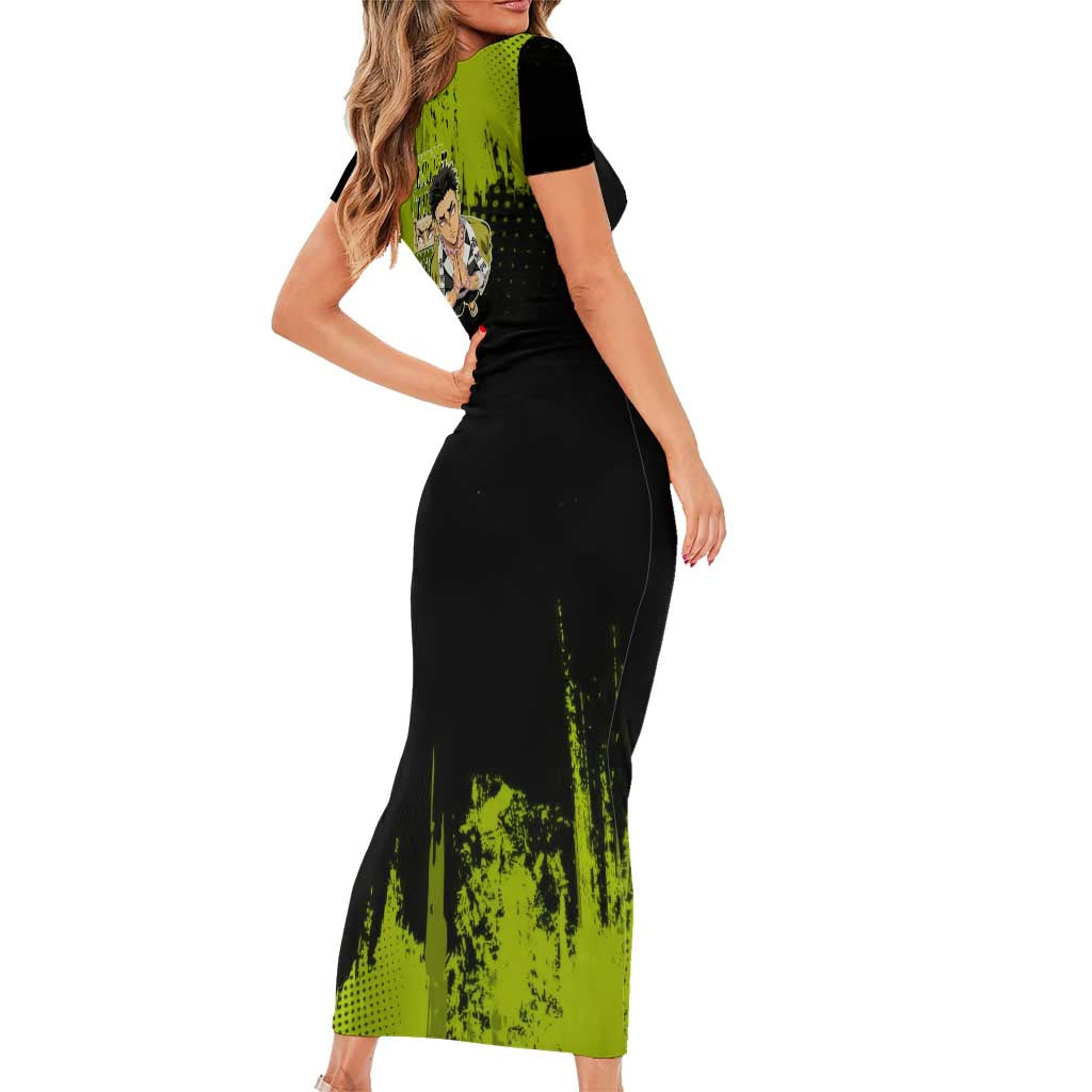 Gyomei Himejima Demon Slayer Bold Green Theme Short Sleeve Bodycon Dress with Prayer Pose and Intense Expression Design - The Mazicc