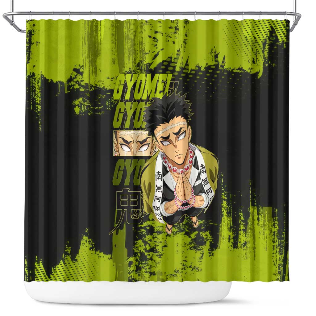 Gyomei Himejima Demon Slayer Bold Green Theme Shower Curtain with Prayer Pose and Intense Expression Design - The Mazicc
