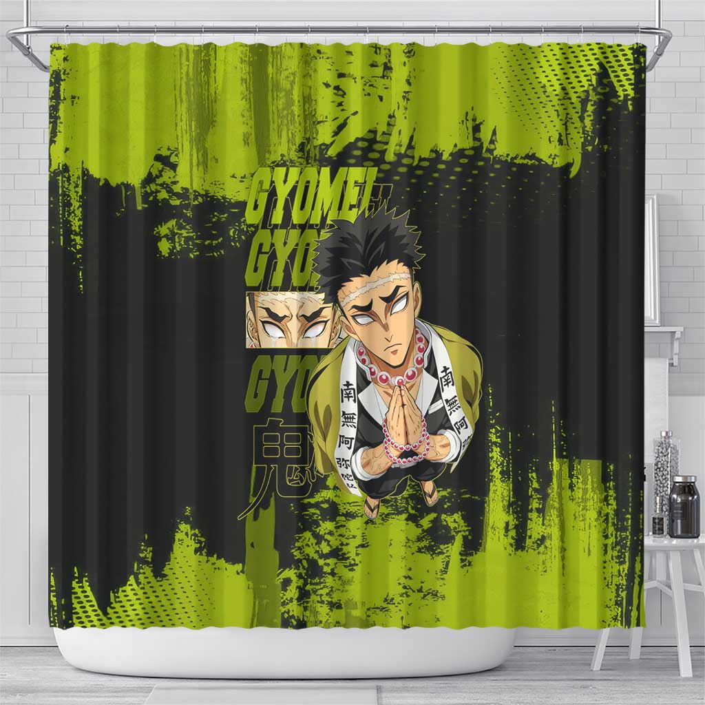 Gyomei Himejima Demon Slayer Bold Green Theme Shower Curtain with Prayer Pose and Intense Expression Design - The Mazicc