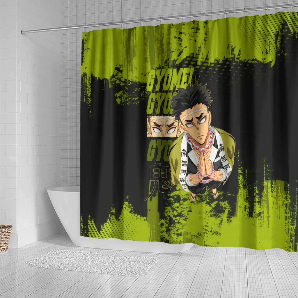 Gyomei Himejima Demon Slayer Bold Green Theme Shower Curtain with Prayer Pose and Intense Expression Design - The Mazicc