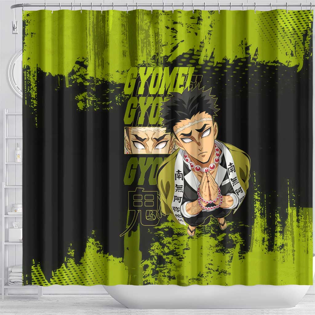Gyomei Himejima Demon Slayer Bold Green Theme Shower Curtain with Prayer Pose and Intense Expression Design - The Mazicc