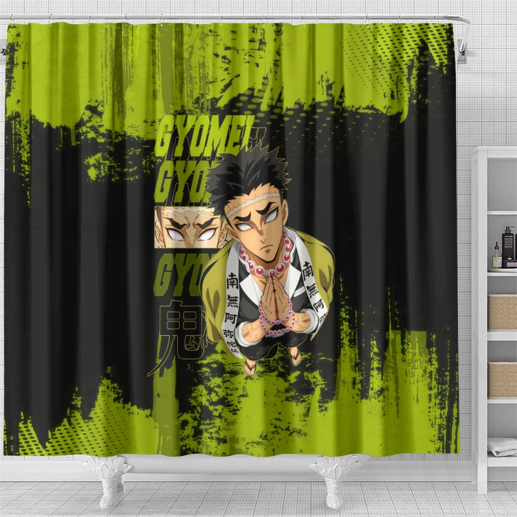 Gyomei Himejima Demon Slayer Bold Green Theme Shower Curtain with Prayer Pose and Intense Expression Design - The Mazicc