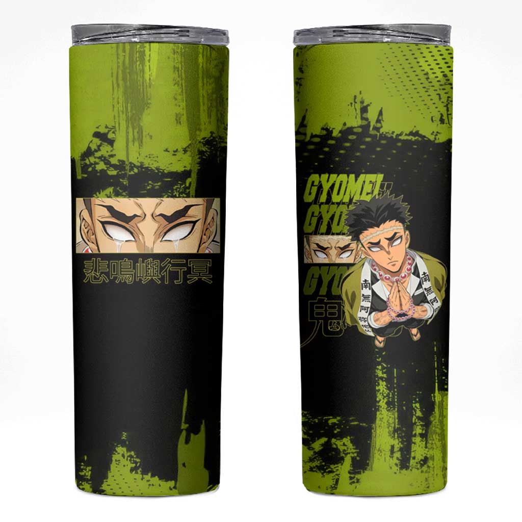 Gyomei Himejima Demon Slayer Bold Green Theme Skinny Tumbler with Prayer Pose and Intense Expression Design - The Mazicc