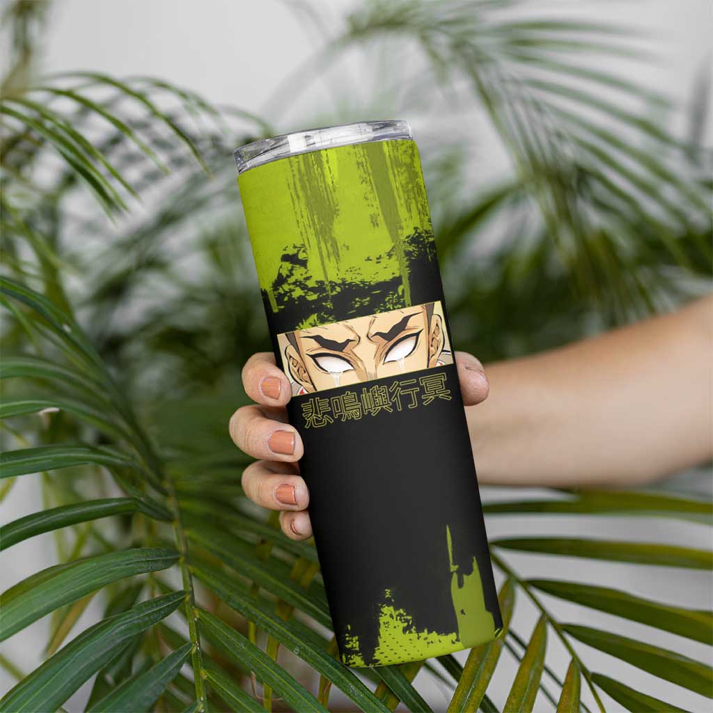 Gyomei Himejima Demon Slayer Bold Green Theme Skinny Tumbler with Prayer Pose and Intense Expression Design - The Mazicc