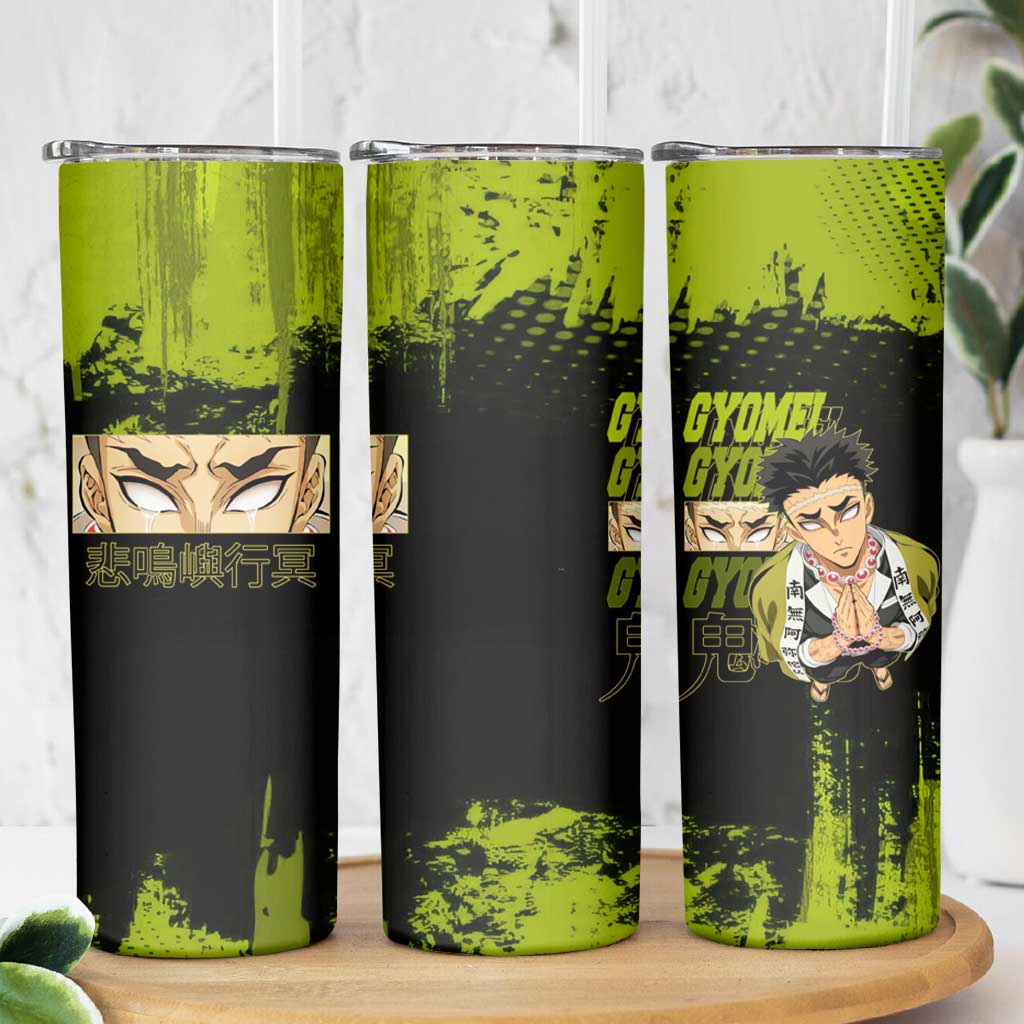 Gyomei Himejima Demon Slayer Bold Green Theme Skinny Tumbler with Prayer Pose and Intense Expression Design - The Mazicc
