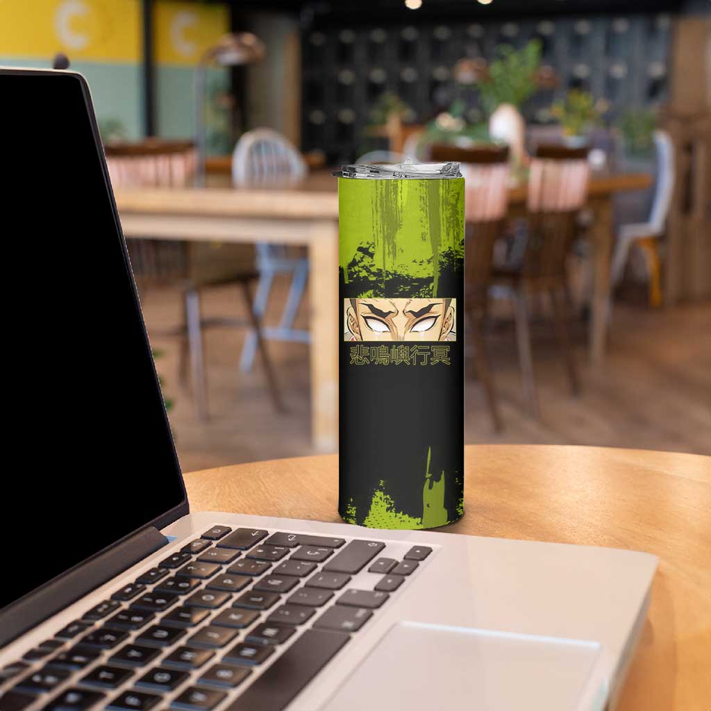 Gyomei Himejima Demon Slayer Bold Green Theme Skinny Tumbler with Prayer Pose and Intense Expression Design - The Mazicc