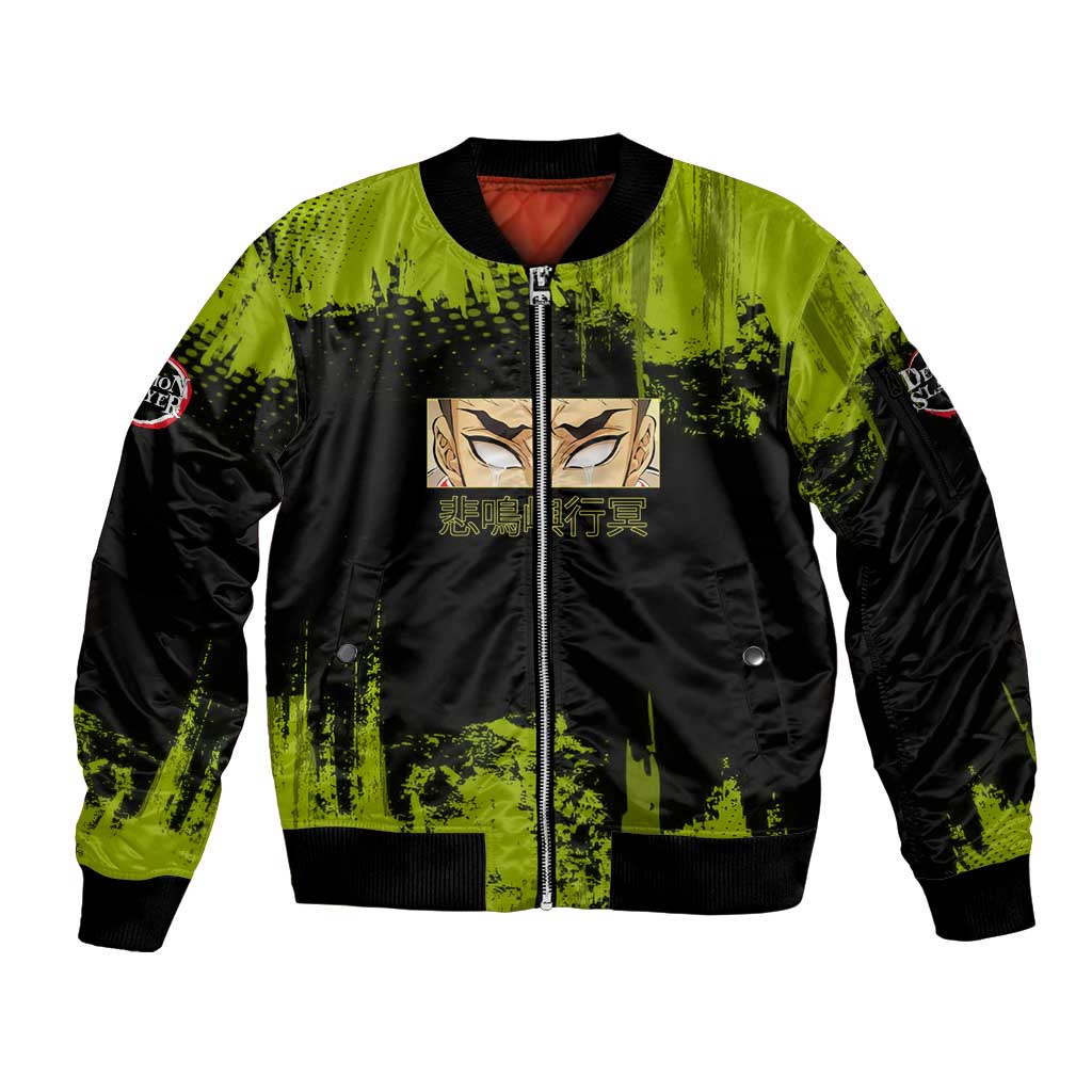 Gyomei Himejima Demon Slayer Bold Green Theme Sleeve Zip Bomber Jacket with Prayer Pose and Intense Expression Design - The Mazicc