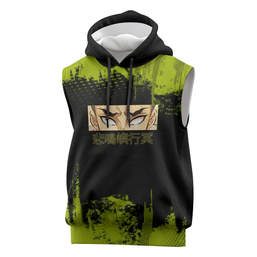 Gyomei Himejima Demon Slayer Bold Green Theme Sleeveless Hoodie with Prayer Pose and Intense Expression Design - The Mazicc