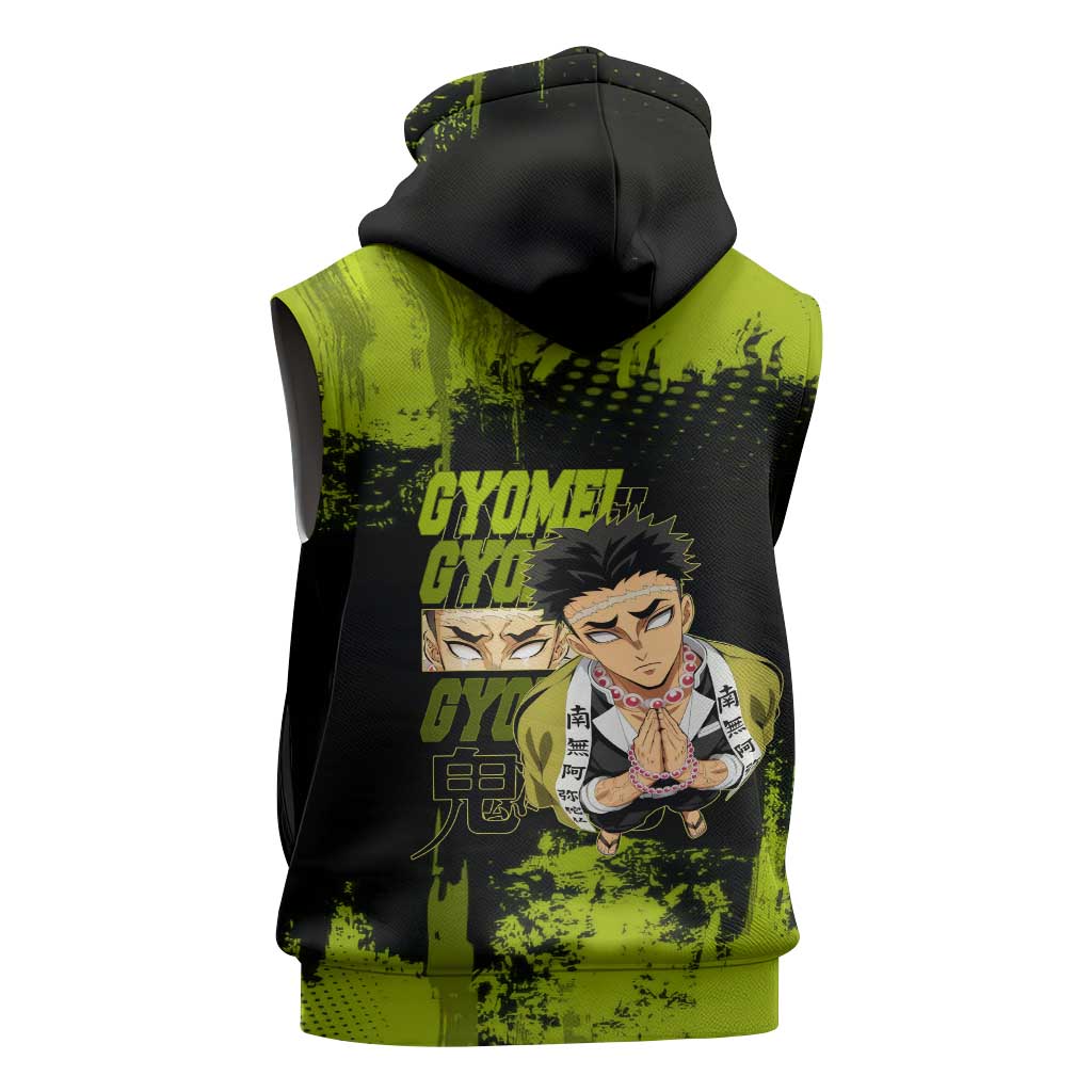 Gyomei Himejima Demon Slayer Bold Green Theme Sleeveless Hoodie with Prayer Pose and Intense Expression Design - The Mazicc