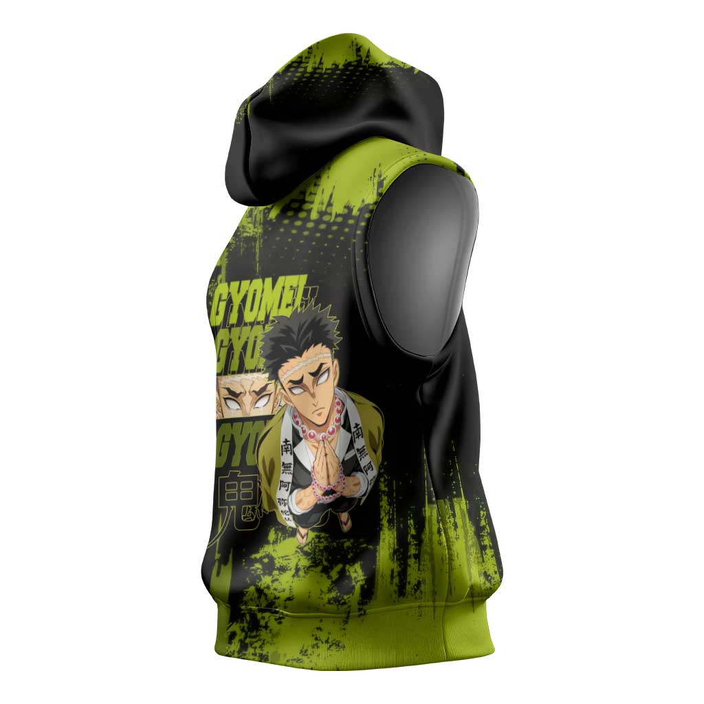 Gyomei Himejima Demon Slayer Bold Green Theme Sleeveless Hoodie with Prayer Pose and Intense Expression Design - The Mazicc