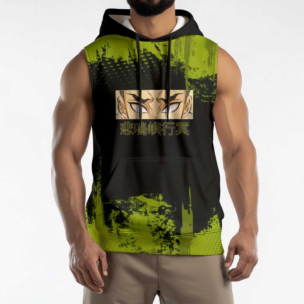 Gyomei Himejima Demon Slayer Bold Green Theme Sleeveless Hoodie with Prayer Pose and Intense Expression Design - The Mazicc