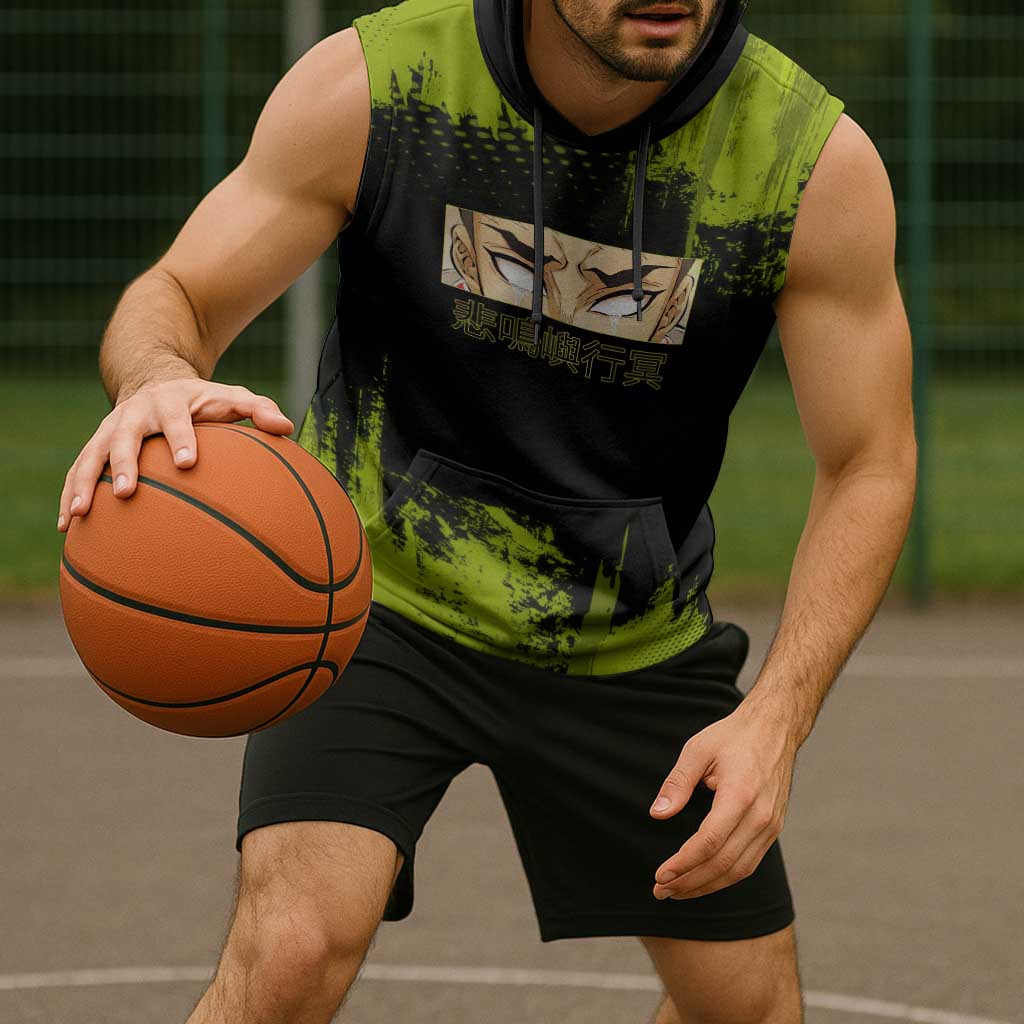 Gyomei Himejima Demon Slayer Bold Green Theme Sleeveless Hoodie with Prayer Pose and Intense Expression Design - The Mazicc