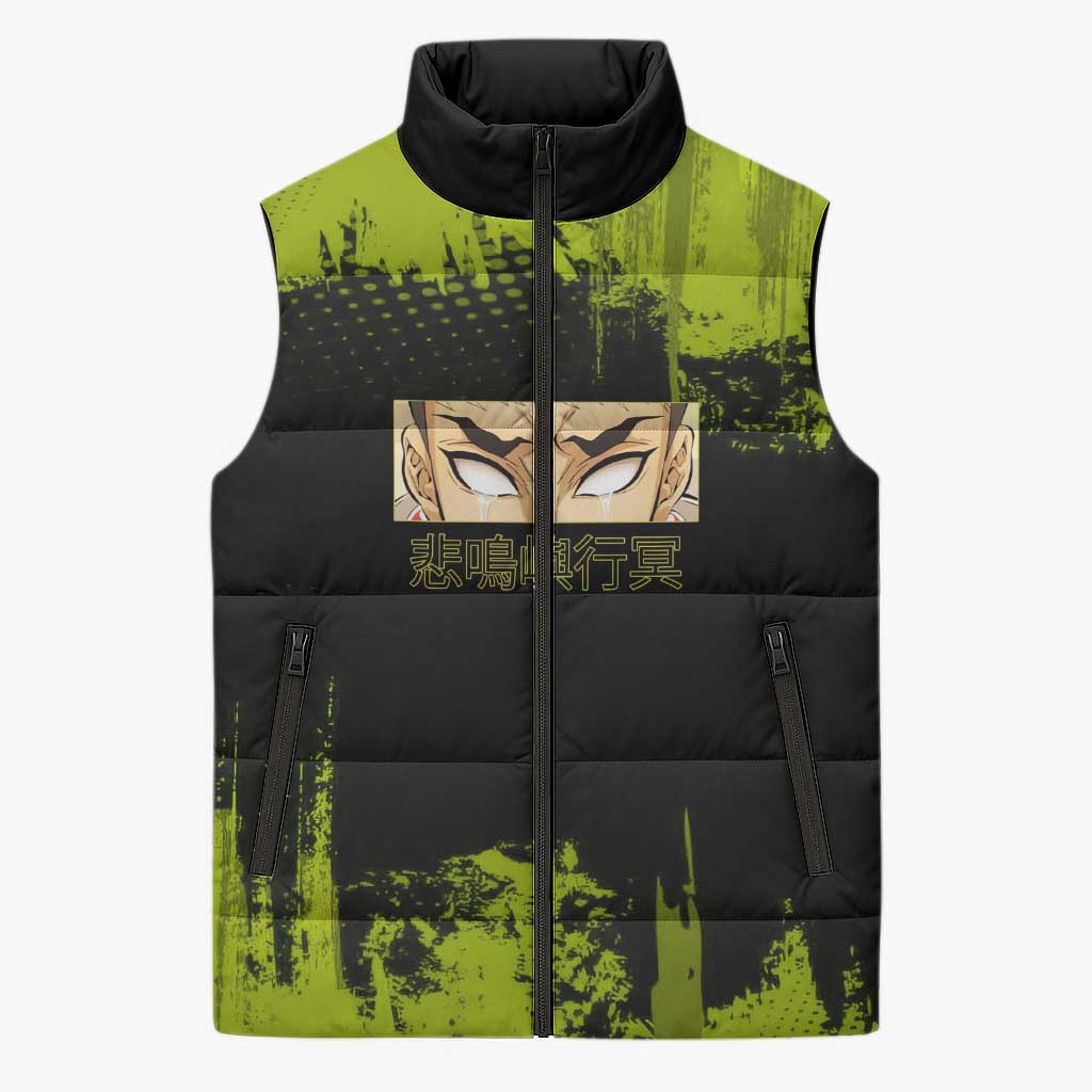 Gyomei Himejima Demon Slayer Bold Green Theme Sleeveless Puffer Jacket with Prayer Pose and Intense Expression Design - The Mazicc