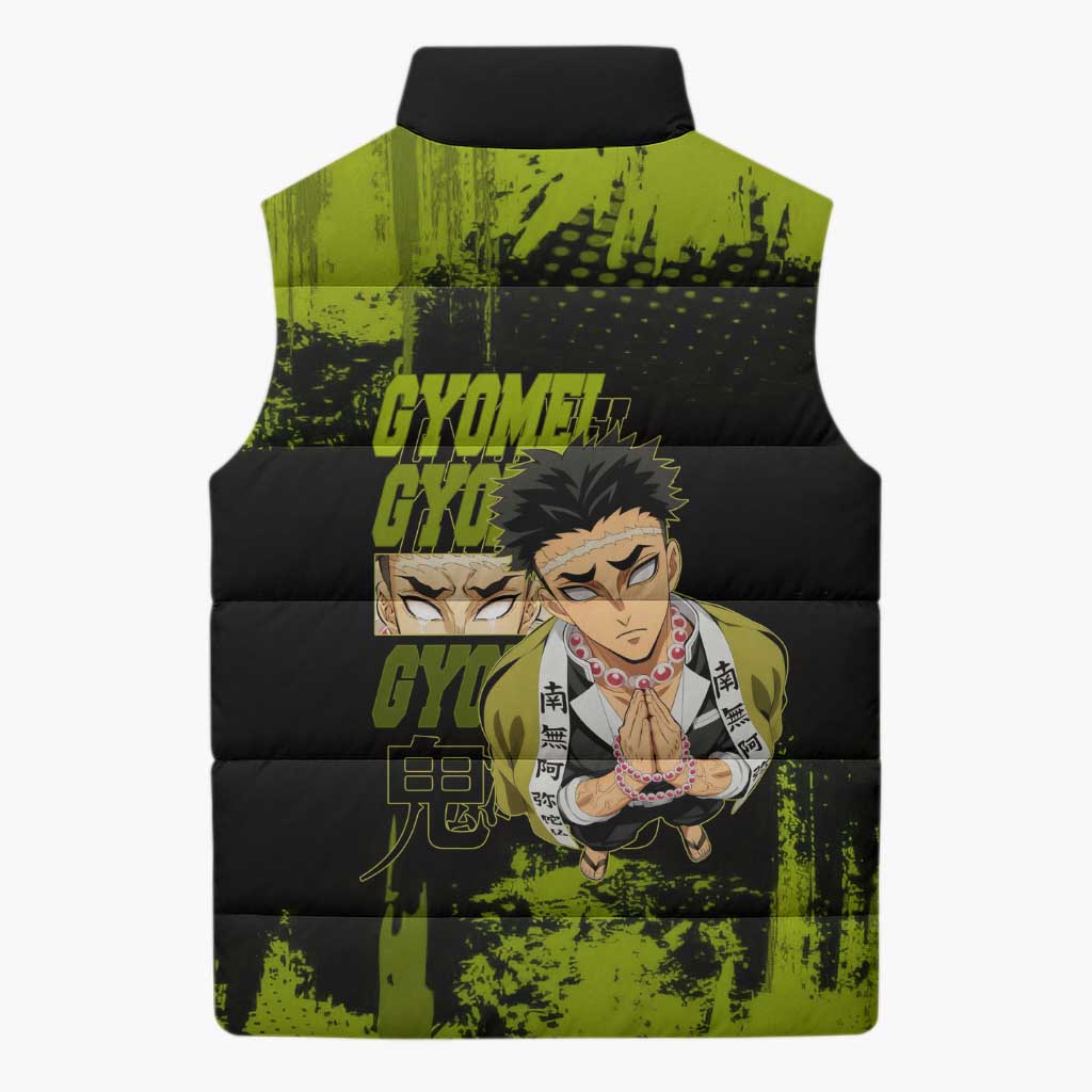 Gyomei Himejima Demon Slayer Bold Green Theme Sleeveless Puffer Jacket with Prayer Pose and Intense Expression Design - The Mazicc
